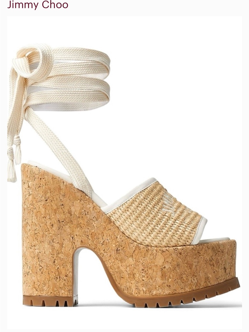 Jimmy Choo Cream and Natural Woven Raffia Lace-Up Sandals
